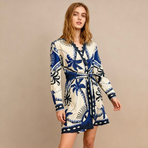 NWOT Farm Rio Anthropologie Long-Sleeve Blazer Dress Blue Size XS